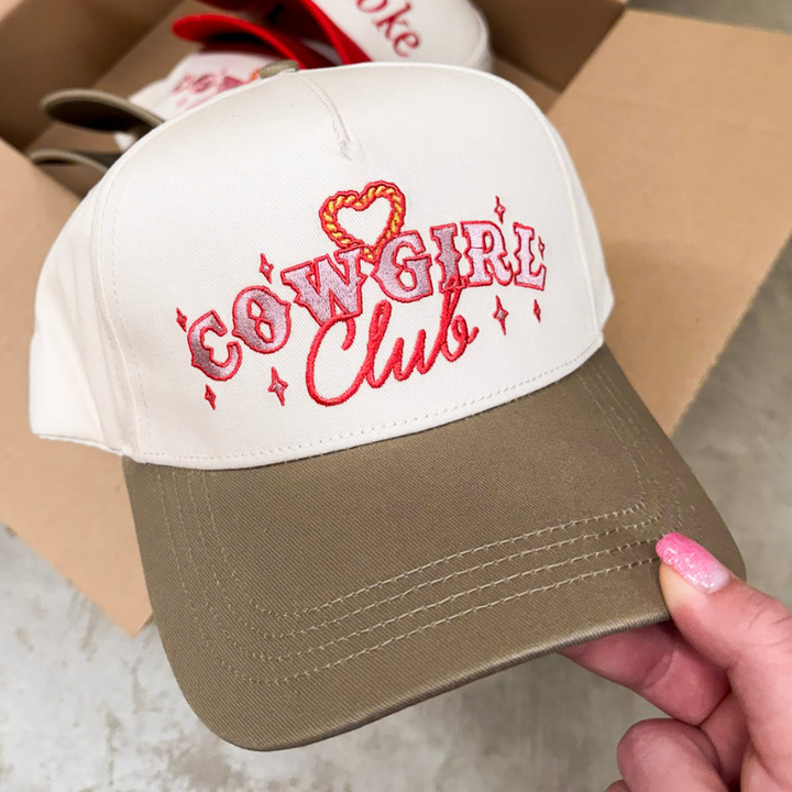 Simply Southern | Cowgirl Club Embroidered Trucker Hat with Contrast Bill in Tan