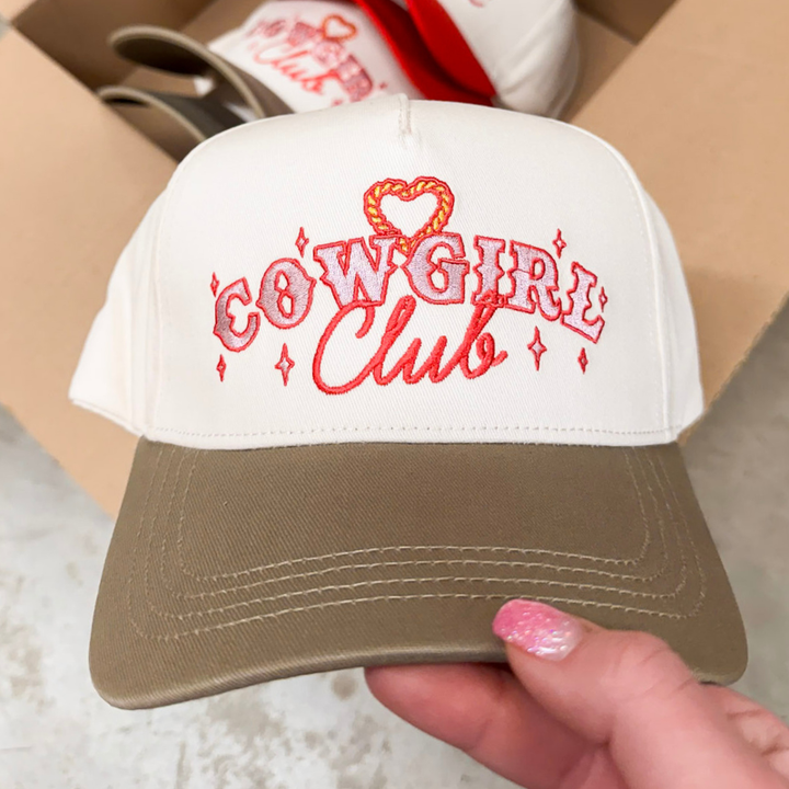 Simply Southern | Cowgirl Club Embroidered Trucker Hat with Contrast Bill in Tan