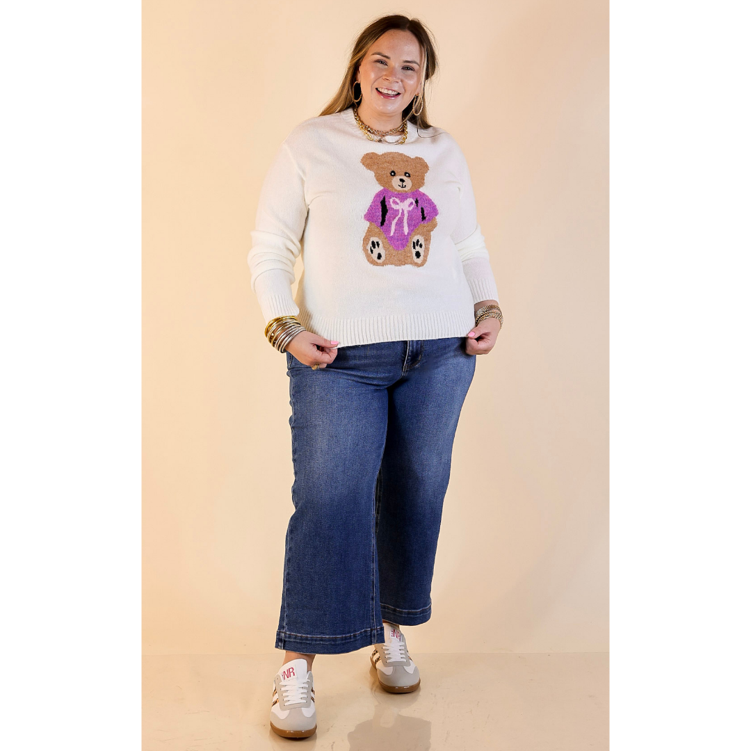 Simply Southern | Finest Touch Crewneck Sweater with Bow Teddy Bear Graphic in Cream