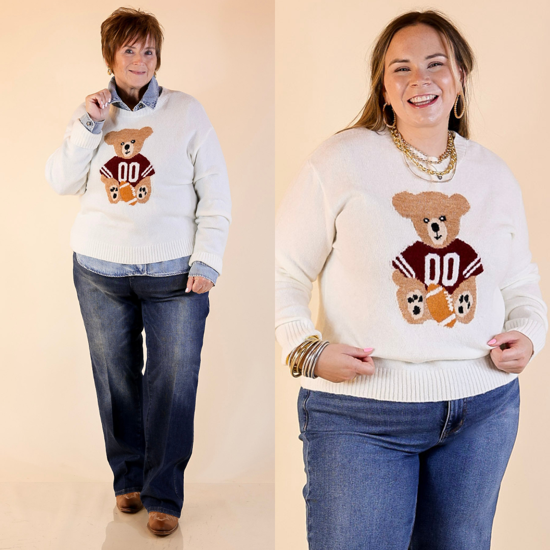 Two women wearing white sweaters with football teddy bear design on a beige background