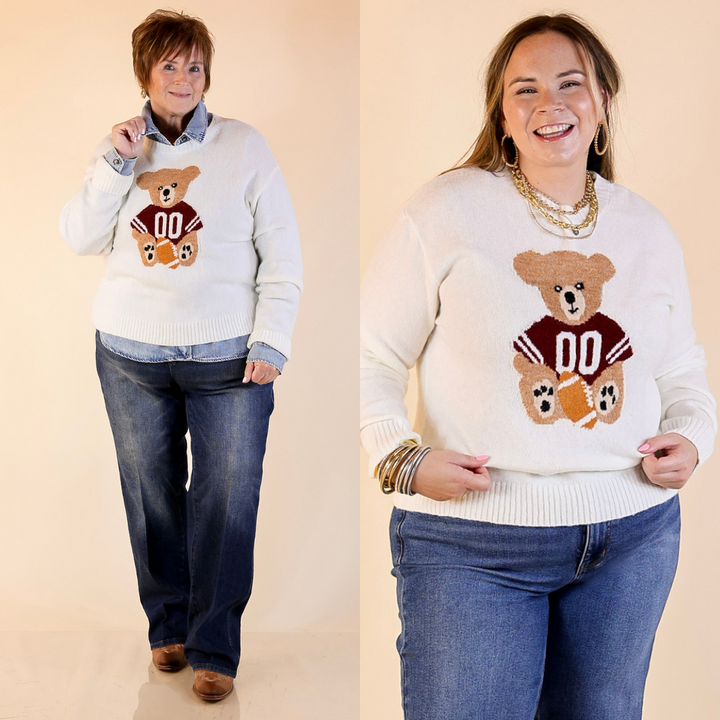 Two women wearing white sweaters with football teddy bear design on a beige background