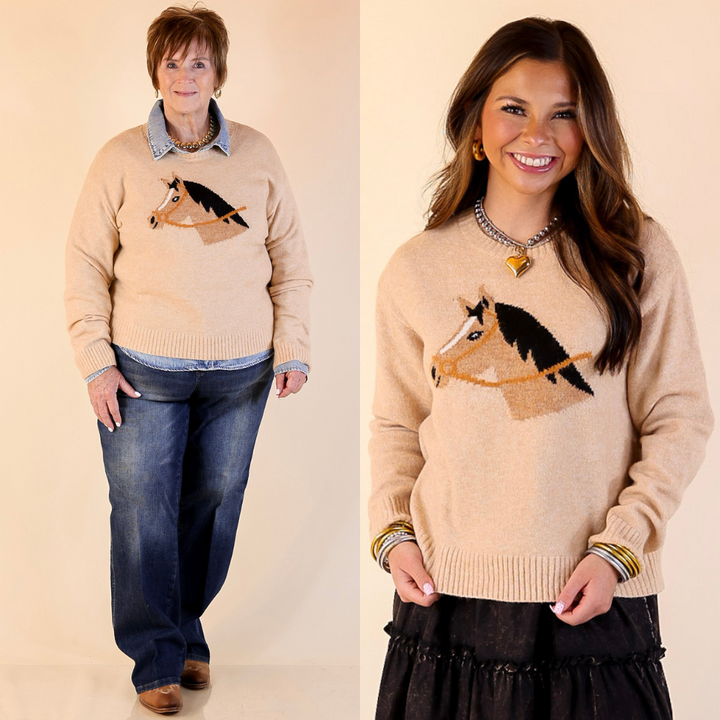 Models are wearing sweaters with horse designs on a plain background