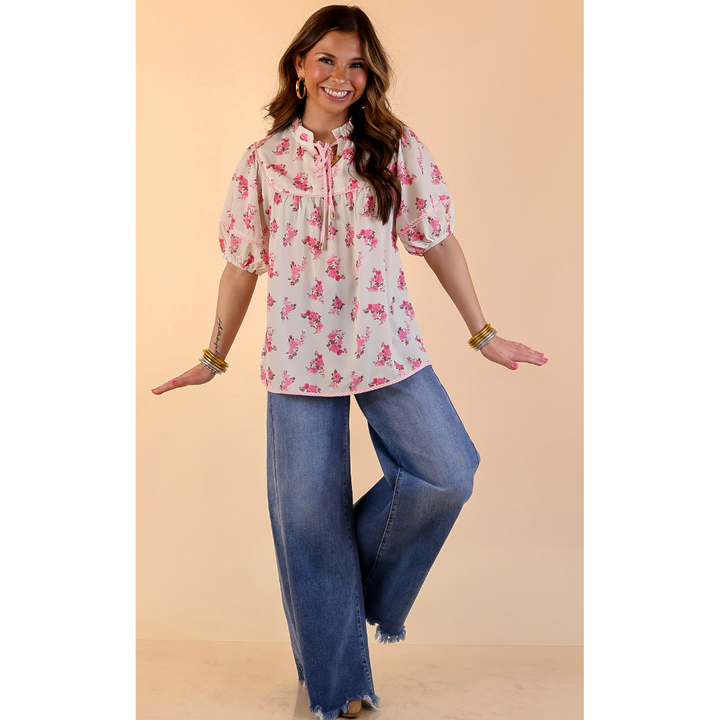 Simply Southern | Freshly Picked Feelings Pink Floral Puff Sleeve Top with Stripe Trim in Ivory