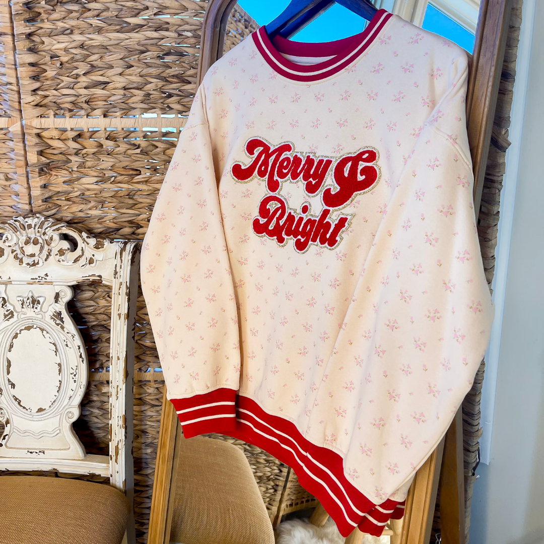 Simply Southern | Holiday Cheer Club Merry & Bright Floral Varsity Sweatshirt in Ivory