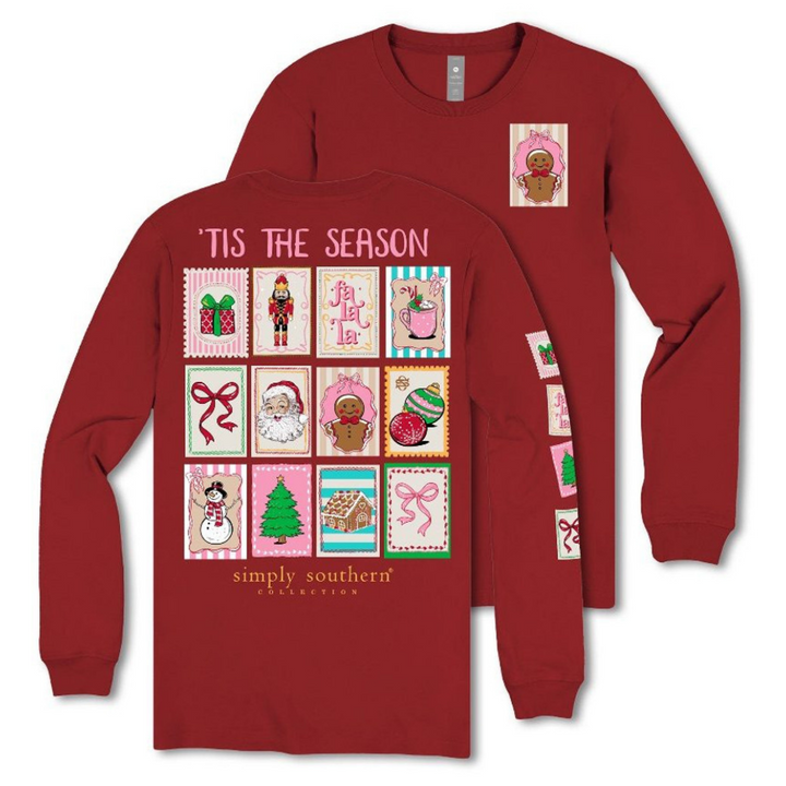 Simply Southern | Merry Mail Holiday Stamps Long Sleeve Graphic T-Shirt in Maroon
