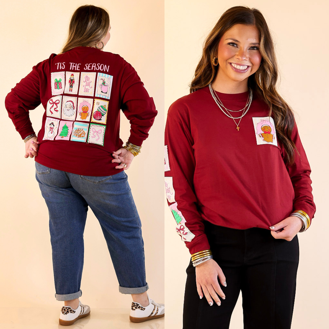 Models are wearing maroon long-sleeve t-shirt with merry mail holiday stamps on a beige background