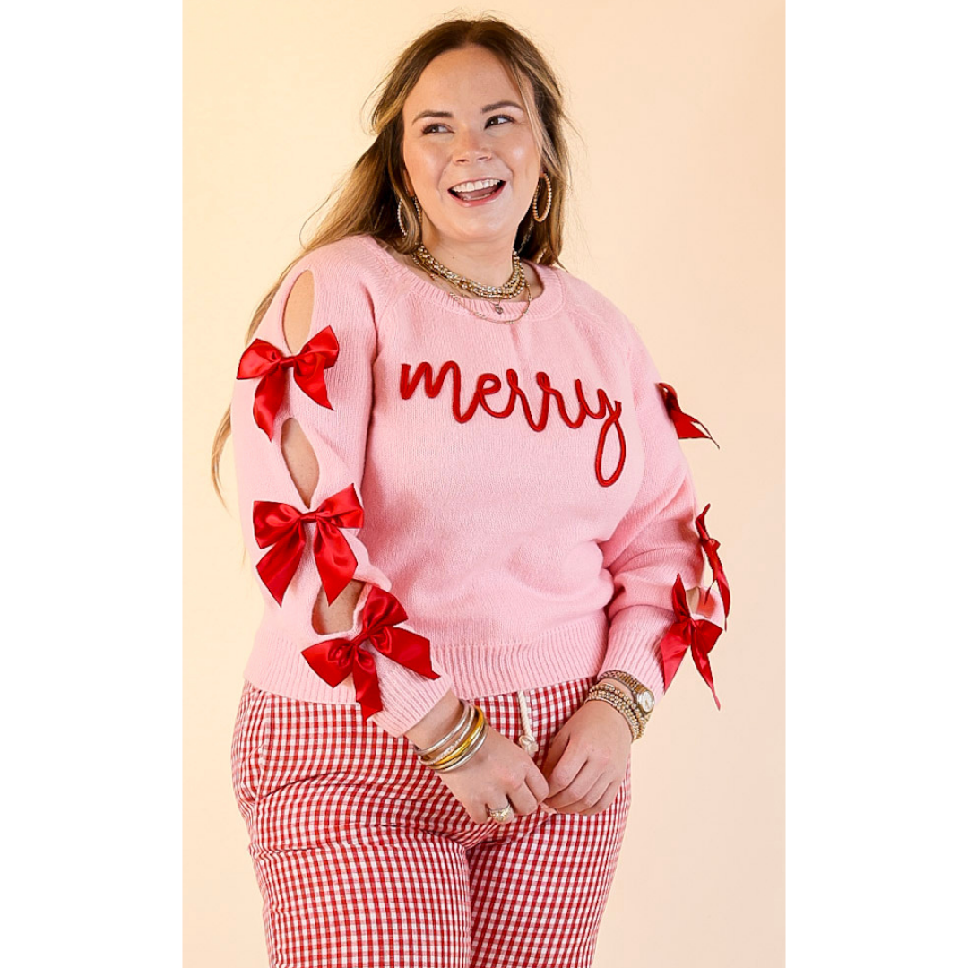 Simply Southern | Merry Moment Textured Knit Sweater with Red Bows in Pink