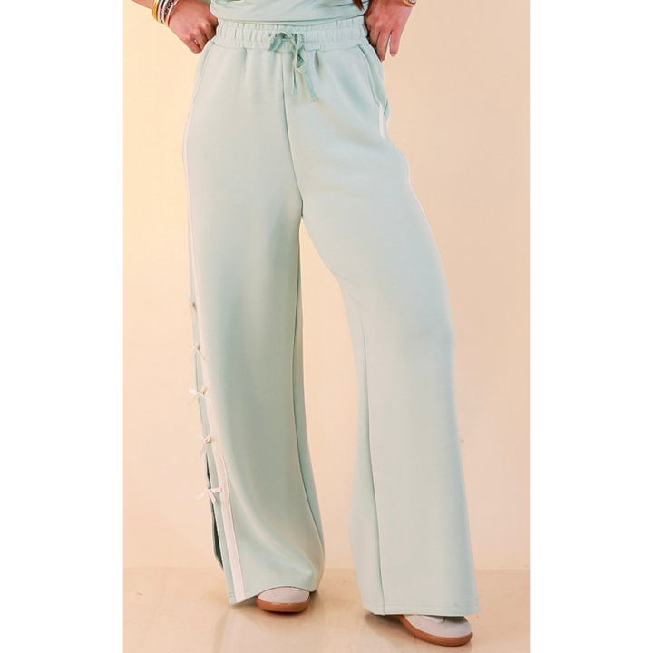 Simply Southern | Modern Staple Buttery Soft Pull-On Wide Leg Knit Pants with Side Bow Detail in Light Dusty Teal Blue