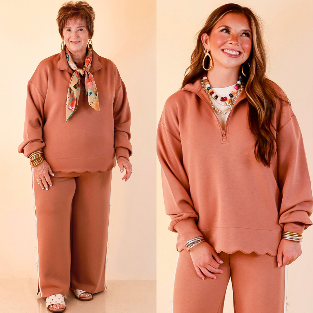 Simply Southern | Modern Staple Half Zip Pullover with Scalloped Edge in Mocha Brown