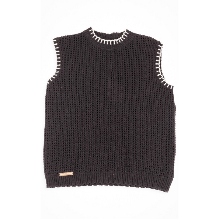 Simply Southern | Olivia Large Knit Sweater Vest with Contrast White Stitching in Black