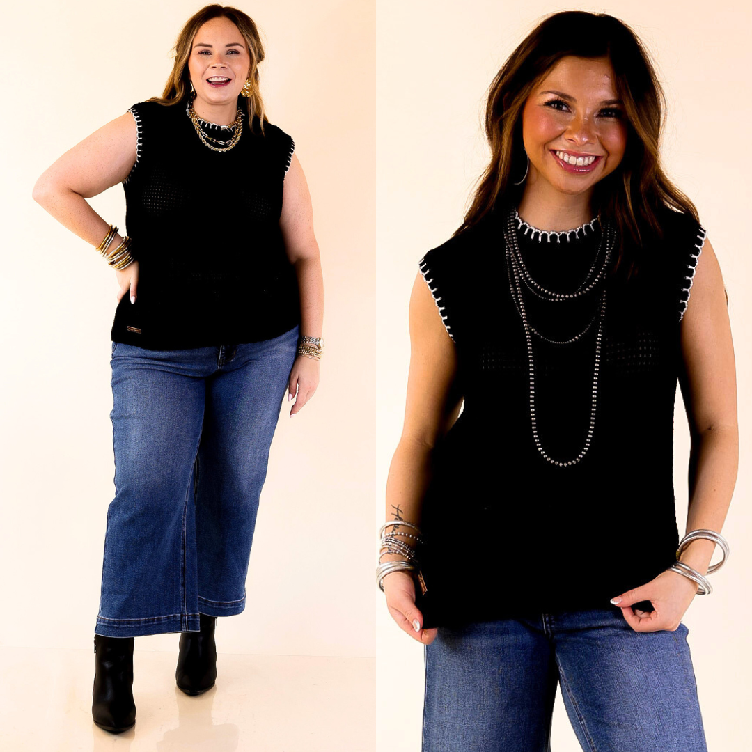 Two women wearing black sleeveless tops with decorative trim, one with blue jeans and the other with a neutral background.