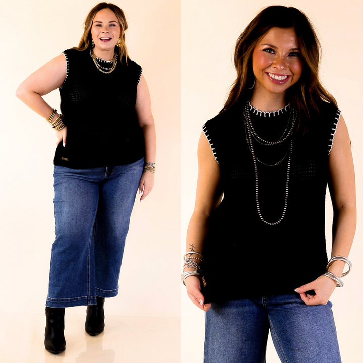 Two women wearing black sleeveless tops with decorative trim, one with blue jeans and the other with a neutral background.