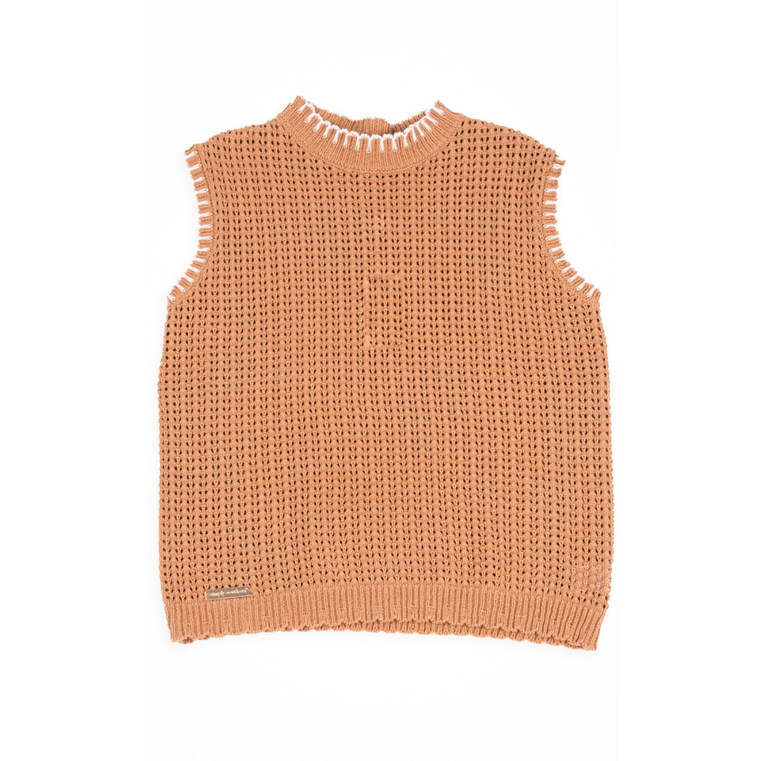Simply Southern | Olivia Large Knit Sweater Vest with Contrast White Stitching in Tan Brown