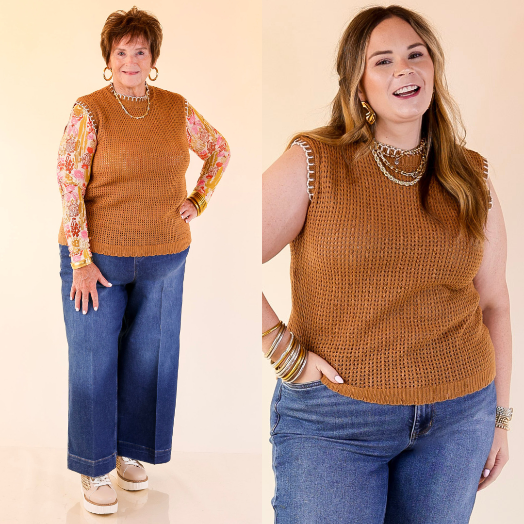 Two women wearing brown sleeveless tops with floral and textured sleeves against a beige background.