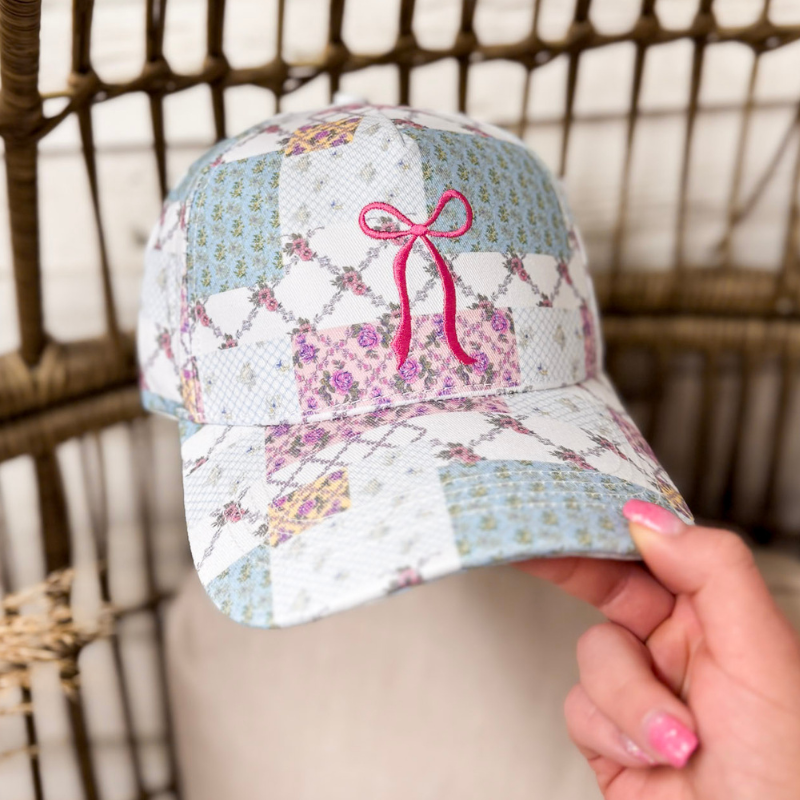 Simply Southern | Patchwork Pretty Embroidered Bow and Patchwork Print Hat in Blue