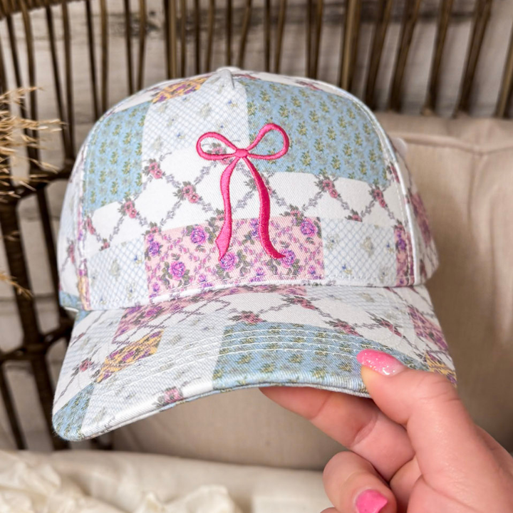 Simply Southern | Patchwork Pretty Embroidered Bow and Patchwork Print Hat in Blue
