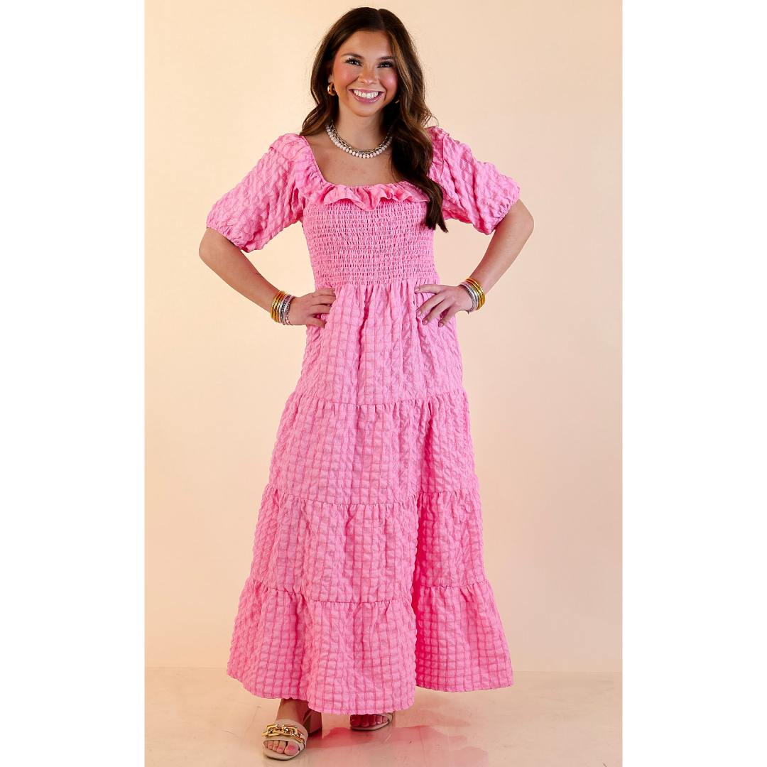 Simply Southern | Radiant Moment Textured Smocked Bodice Tiered Maxi Dress with Puff Sleeves in Pink
