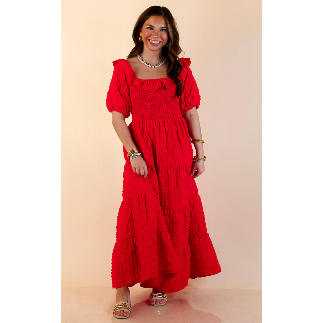 Simply Southern | Radiant Moment Textured Smocked Bodice Tiered Maxi Dress with Puff Sleeves in Red
