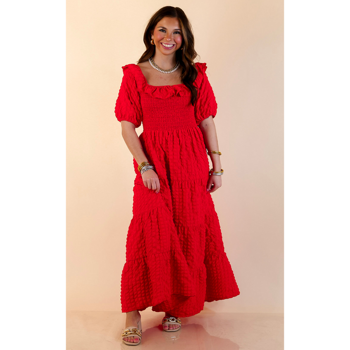 Simply Southern | Radiant Moment Textured Smocked Bodice Tiered Maxi Dress with Puff Sleeves in Red