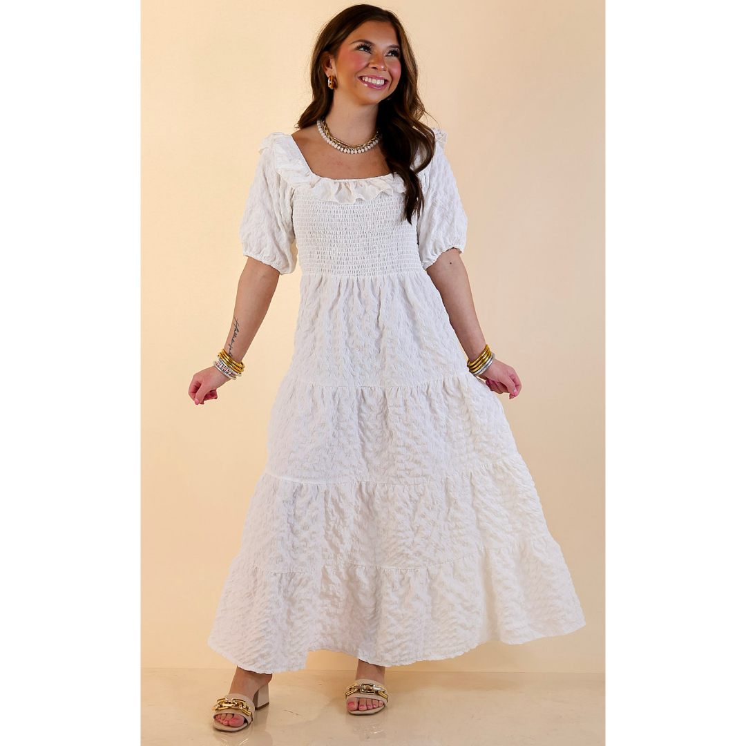 Simply Southern | Radiant Moment Textured Smocked Bodice Tiered Maxi Dress with Puff Sleeves in White