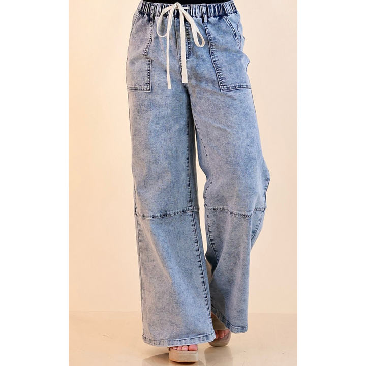 Simply Southern | Right This Way Wide Leg Drawstring Denim Utility Jeans in Acid Wash