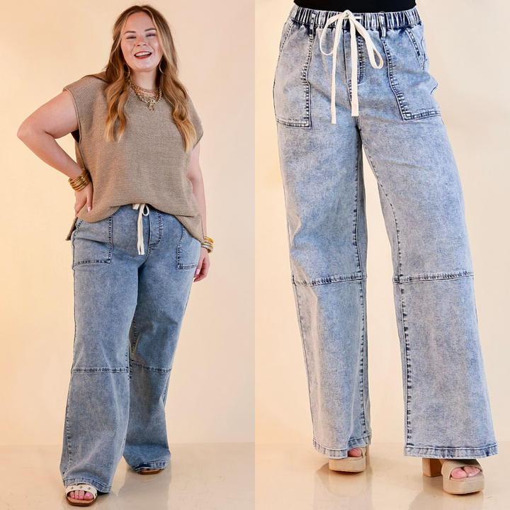 Simply Southern | Right This Way Wide Leg Drawstring Denim Utility Jeans in Acid Wash