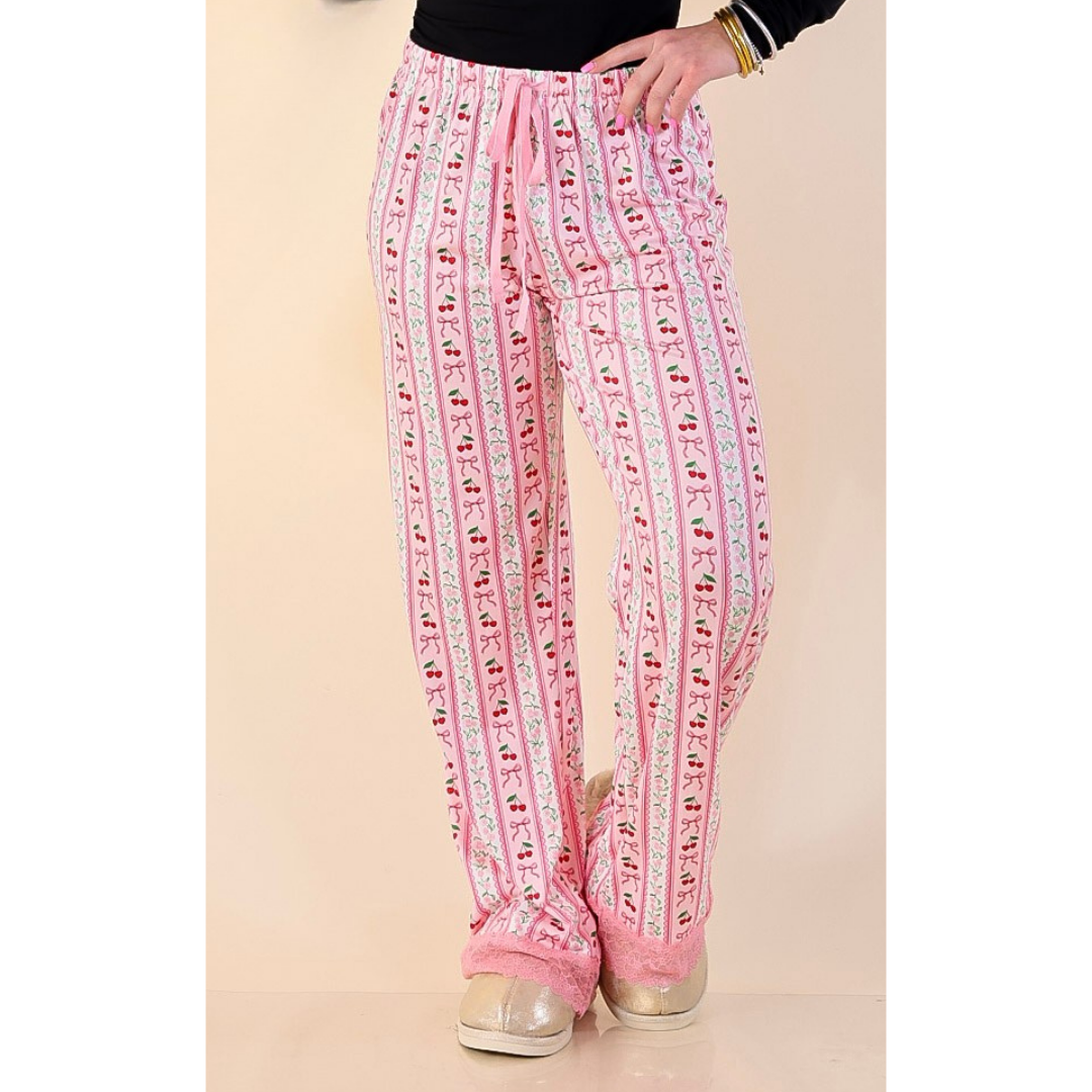 Simply Southern | Snooze in Style Cherry Print Long Pajama Pants Drawstring Waist in Pink