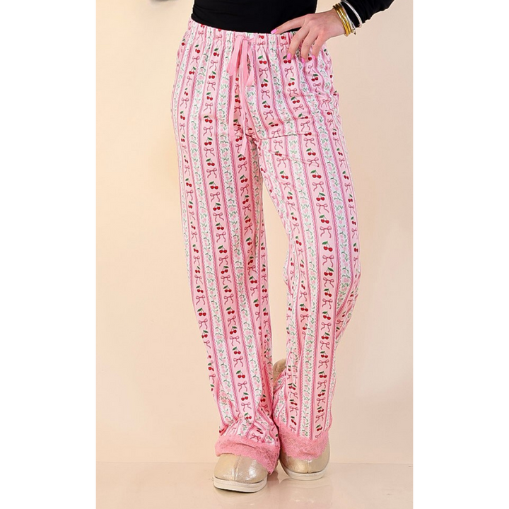 Simply Southern | Snooze in Style Cherry Print Long Pajama Pants Drawstring Waist in Pink