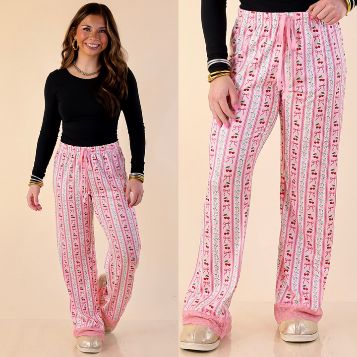 Simply Southern | Snooze in Style Cherry Print Long Pajama Pants Drawstring Waist in Pink