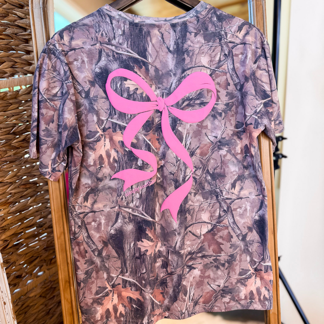 Simply Southern | Southern Belle Front &amp; Back Pink Bow Short Sleeve Graphic T-Shirt in Camouflage