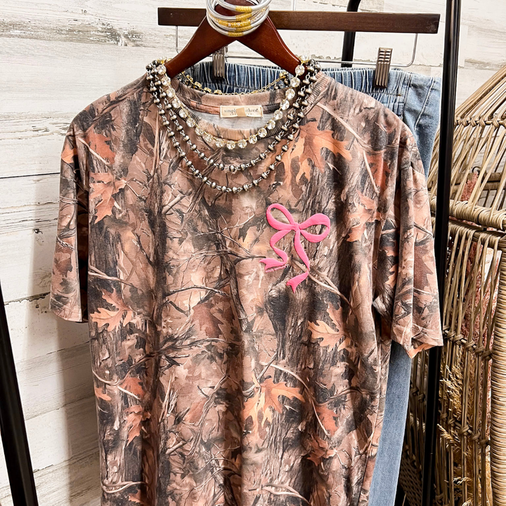 Simply Southern | Southern Belle Front &amp; Back Pink Bow Short Sleeve Graphic T-Shirt in Camouflage
