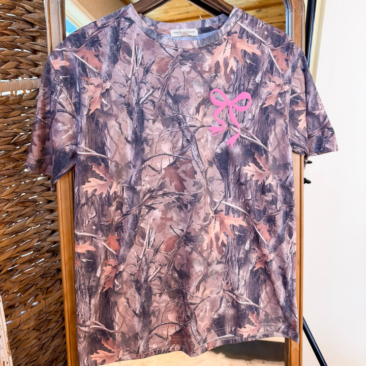 Simply Southern | Southern Belle Front &amp; Back Pink Bow Short Sleeve Graphic T-Shirt in Camouflage