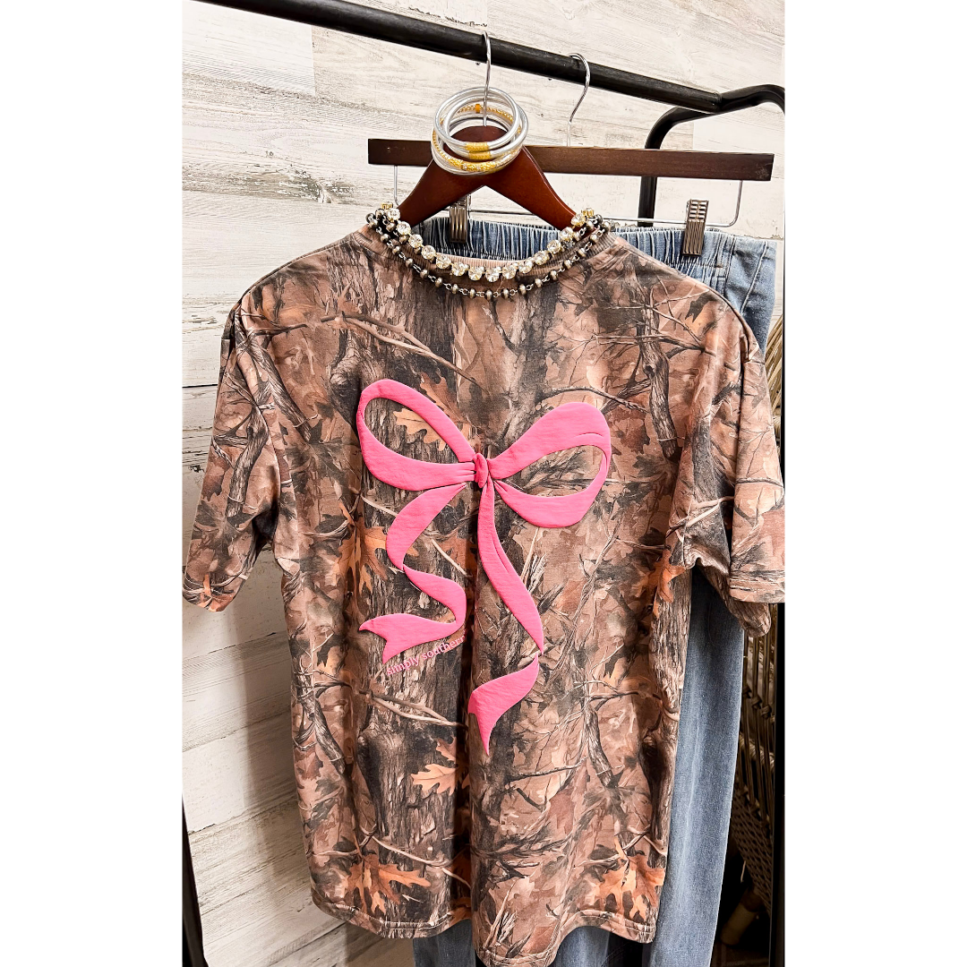 Simply Southern | Southern Belle Front &amp; Back Pink Bow Short Sleeve Graphic T-Shirt in Camouflage