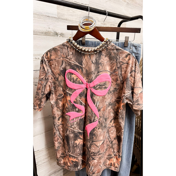 Simply Southern | Southern Belle Front &amp; Back Pink Bow Short Sleeve Graphic T-Shirt in Camouflage
