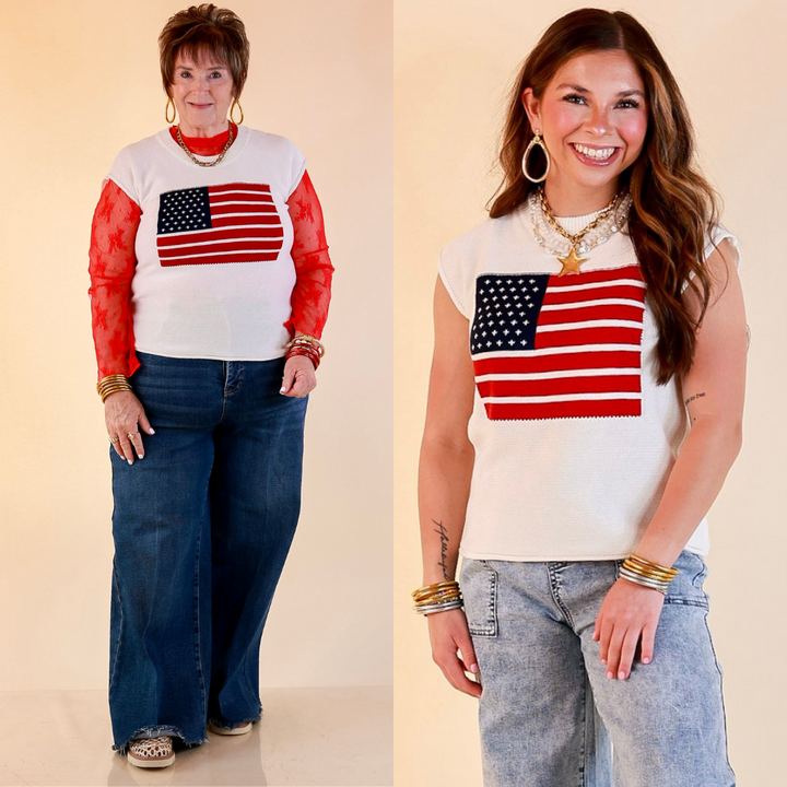 Simply Southern | Star Standard Knit Sleeveless Tank Sweater with American Flag in Ivory