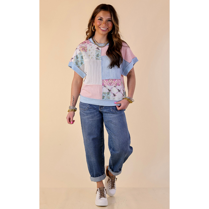 Simply Southern | Styled to a Tee Color Block Patchwork Ribbed Short Sleeve Top in Blue Mix