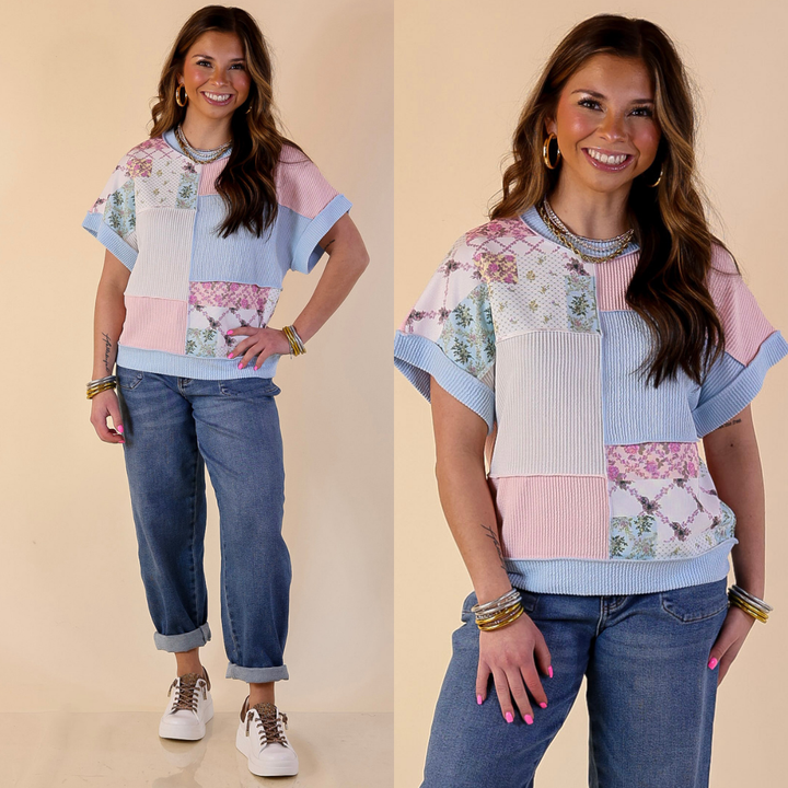 Simply Southern | Styled to a Tee Color Block Patchwork Ribbed Short Sleeve Top in Blue Mix