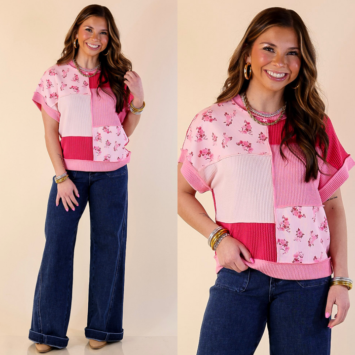 Simply Southern | Styled to a Tee Color Block Patchwork Ribbed Short Sleeve Top in Pink Mix