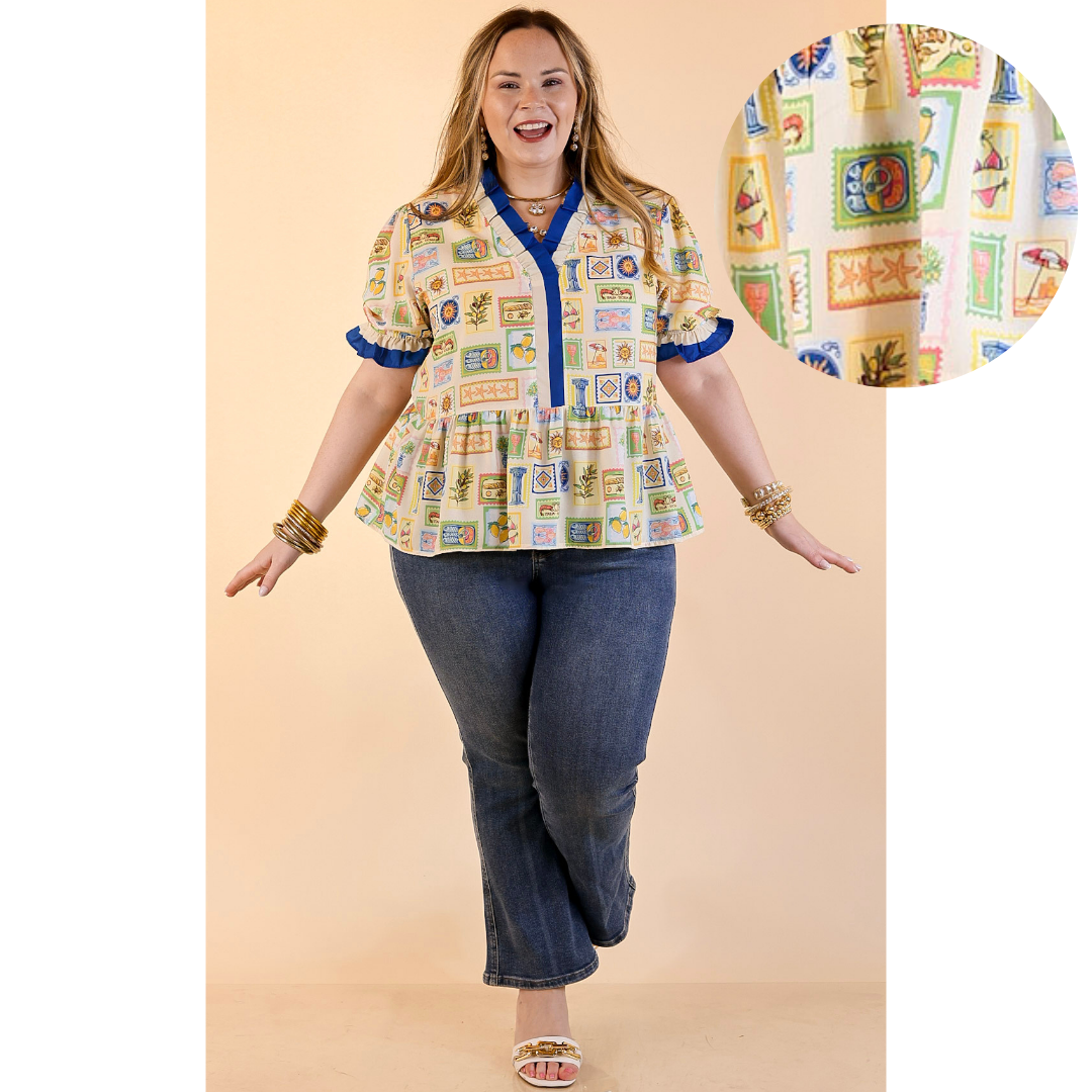 Simply Southern | Sunny Side Style Mediterranean Tile Print Peplum Top with Ruffle Trim in Cream Multi