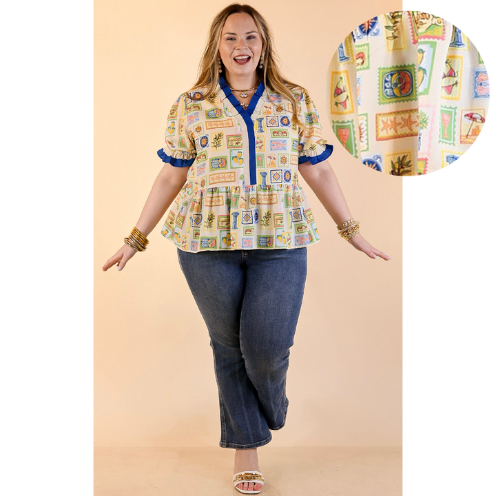 Simply Southern | Sunny Side Style Mediterranean Tile Print Peplum Top with Ruffle Trim in Cream Multi