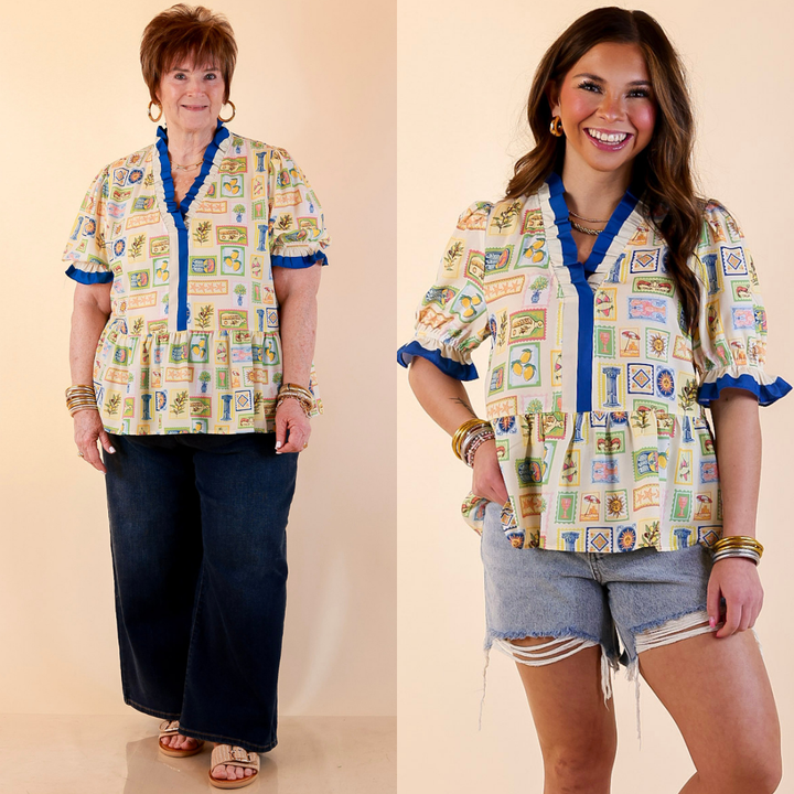 Models are wearing Mediterranean Tile Print Peplum Top with Ruffle Trim in Cream Multi with bottoms against a beige backdrop. 