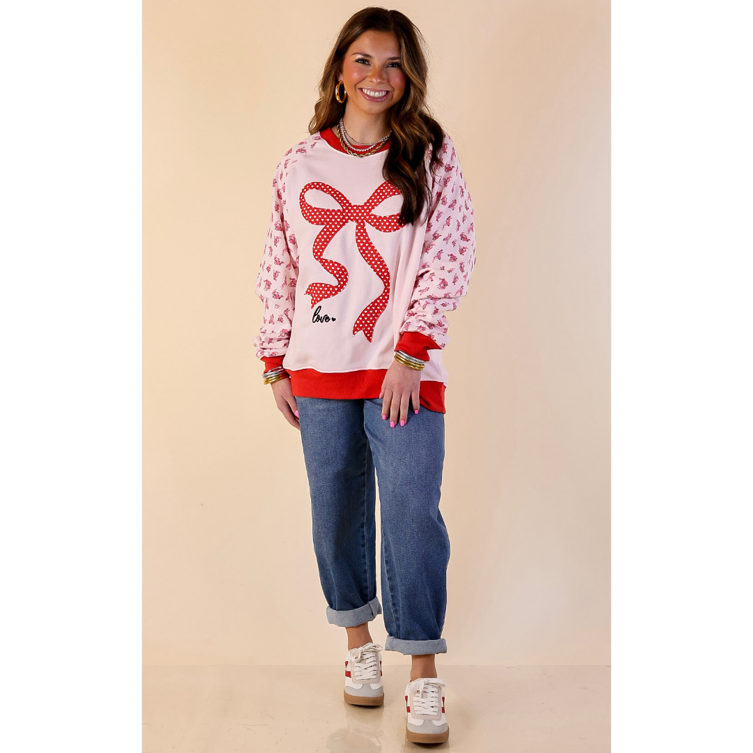 Simply Southern | Sweet on You Bow Detail Crew Neck Sweatshirt with Floral Sleeves in Pink