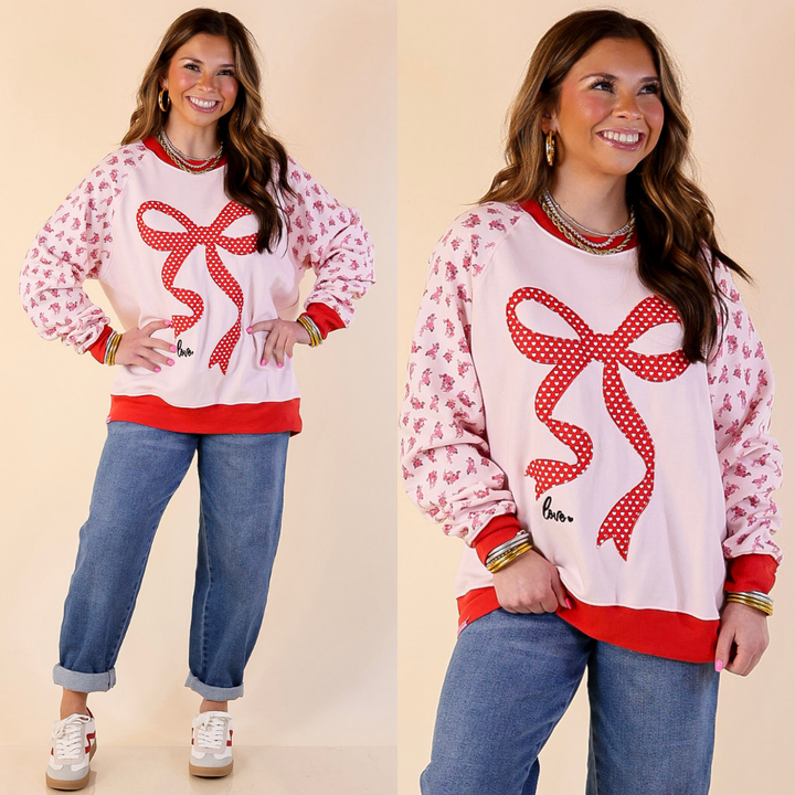 Simply Southern | Sweet on You Bow Detail Crew Neck Sweatshirt with Floral Sleeves in Pink