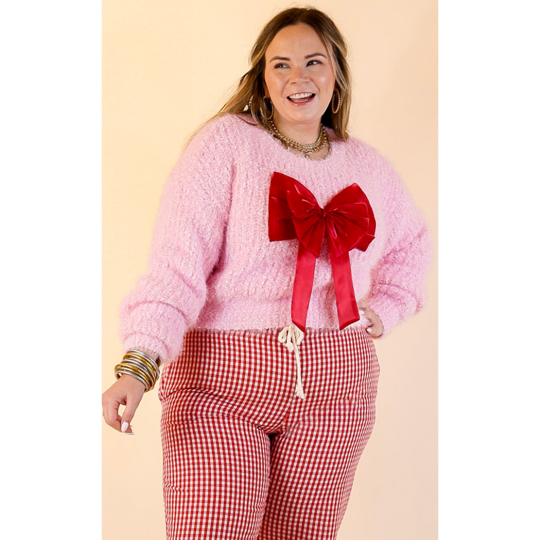 Simply Southern | Tied to Perfection Eyelash Textured Knit Sweater with Red Bow in Pink