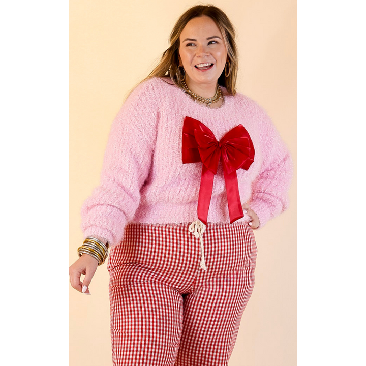 Simply Southern | Tied to Perfection Eyelash Textured Knit Sweater with Red Bow in Pink