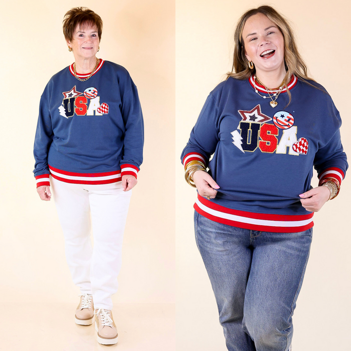 Featuring fun patches and bold USA lettering make this striped-trim crew a playful, patriotic favorite! Size small through plus sizes.