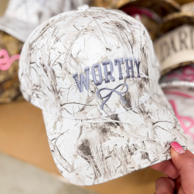 Simply Southern | Worthy Charm Embroidered Camo Hat in Grey