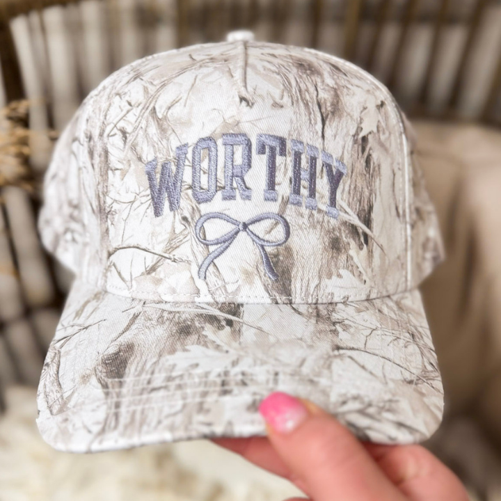 Simply Southern | Worthy Charm Embroidered Camo Hat in Grey