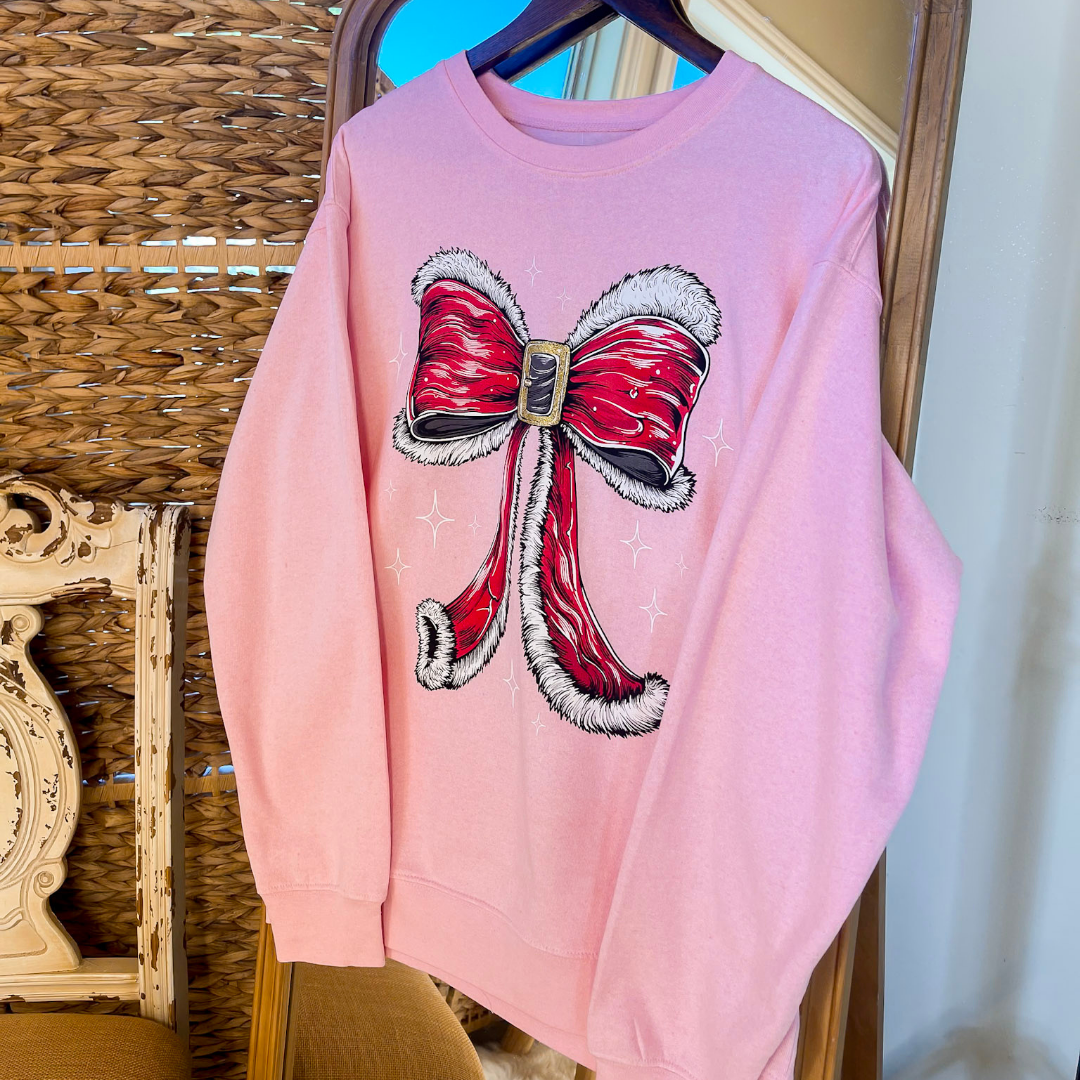 Simply Southern | Wrapped in Joy Santa's Suit Bow Graphic Crewneck Sweatshirt in Tutu Pink