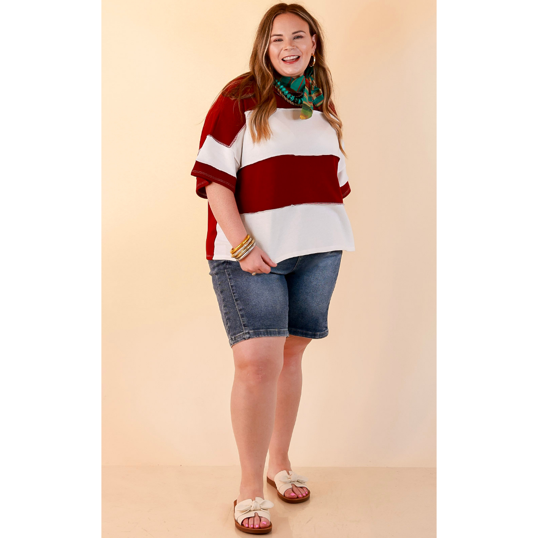 Simply Striking Color Block Rugby Style Wide Stripe Relaxed Short Sleeve Top in Maroon